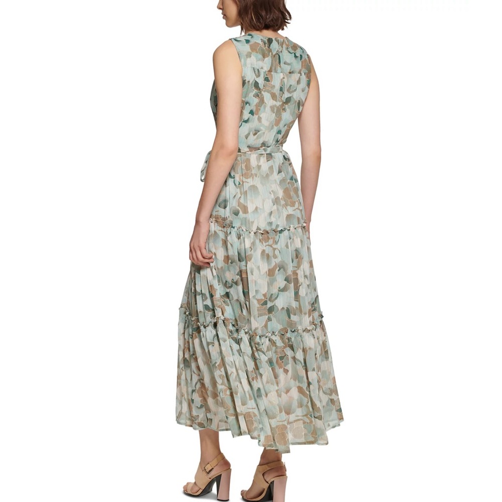 Calvin Klein Tiered Maxi Dress Sea Green Metallic Gold Floral Print Sz 6 - Picture 3 of 8